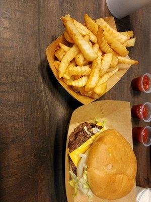 Double cheese burger with crinkle cut fries. Delicious!