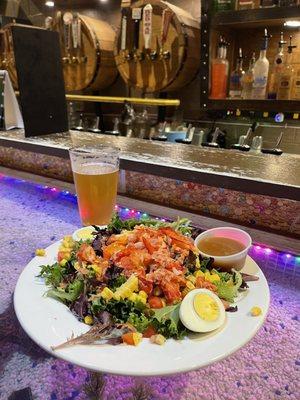 Lobster Salad, a draft beer and a shot of the bar.