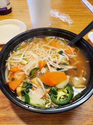 Veggie soup with carrots bean sprouts tofu jalapeno peppers