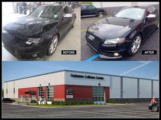 Before and After photos of an Audi that needed repair work at the Goldstein Collision Center on Central Avenue in Albany.