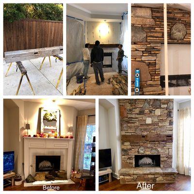 Fireplace we just finished. Customized barn timber frame mantle, craftsmanship through the meticulously placed dry stacked ledge stone.