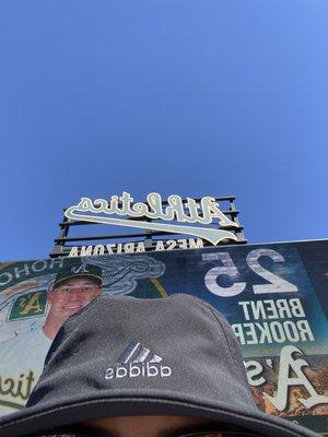 Athletics logo above the jumbo-tron. Only downside of lawn seating was having to turn all the way around to check the score or inning.