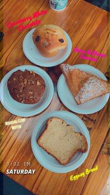 Cranberry White Chocolate Muffins, Guava & Cheese Turnover, Morning Glory Muffins, Eggnog Bread