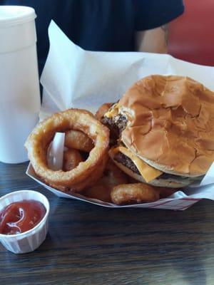 Monster burger and onion rings.