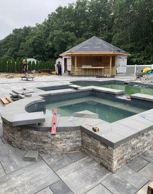 Back yard remodel , pool design with hot tub and pool gazebo with back patio