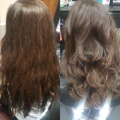 What a BIG difference a simple treatment and layer haircut does to your hair. B3 Bond Builder deep conditioning treatment