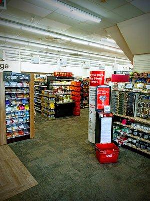 Shelves with snacks.