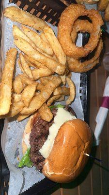 All American burger, fries, and onion rings