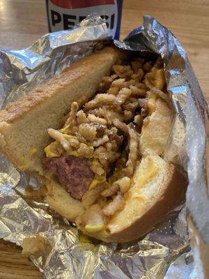 Polish Sausage Dawg on Hawaiian sweet bread with crispy onions and mustard