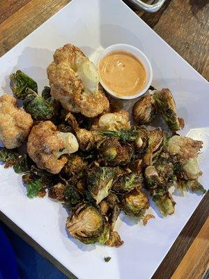 Brussels & Cauliflower with firecracker sauce