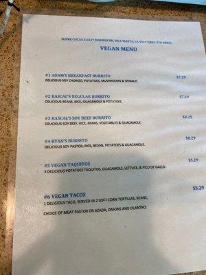 Vegan menu!