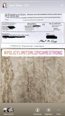 Settlement check for policy limits