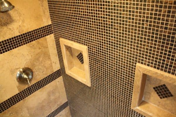 Stone and Glass Mosaic Shower with 2 Niches