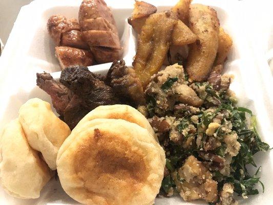 Lunch takeout with chicken sausage, plantains, picanha, cheese bread, and collard greens