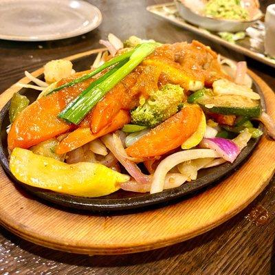 Vegan Veggie Fajitas (no cheese/sour cream): carrots, broccoli, squash, zucchini, peppers, onions. White rice, black beans, guac, tortillas.