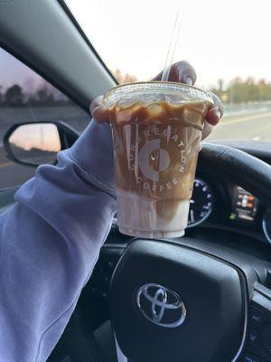 Iced decaf salted Carmel latte