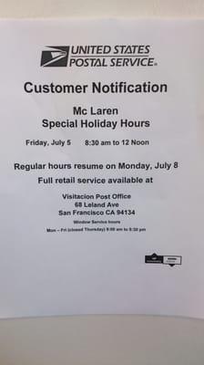 Special Holiday Hours Effective Friday, July 5, 2013 ONLY!