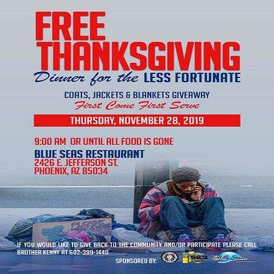 Please donate food: turkey, canned and boxed goods, jackets and blankets. Please Volunteer!