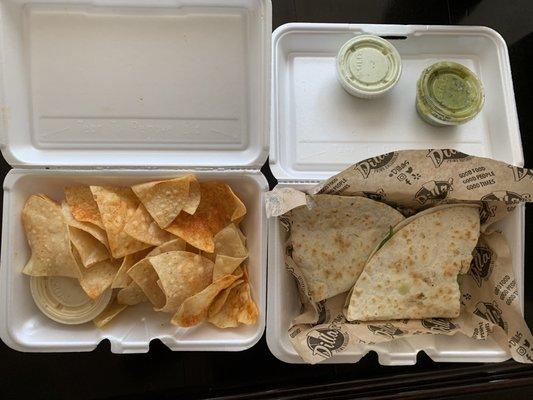 Queso + Chips, Bluebonnet Quesadilla with Guac and Creamy Churri sauces