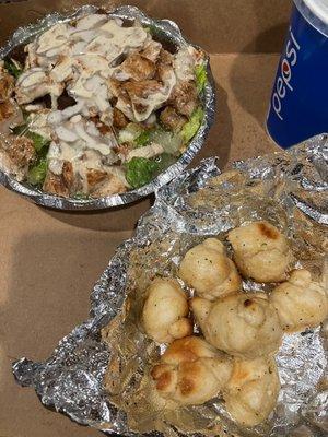 Grilled chicken Caesar and garlic knots