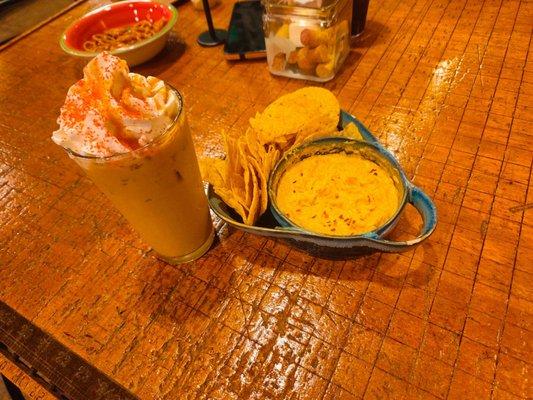 Buffalo chicken dip and an ice caramel latte