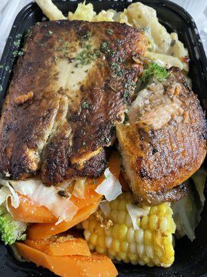 Grilled Salmon with 2 Sides (Rasta Pasta & Mixed Vegetables)