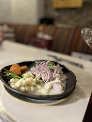 THE BEST  Fish or Seafood Ceviche (Tiger's milk, fresh lime juice, julianne red onions, cilantro served with sweet potato and peruvian com)