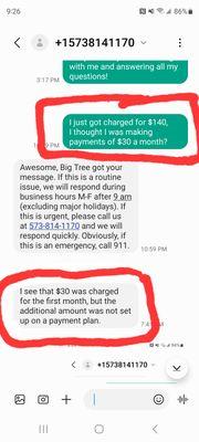 A text exchange between the reviewer and Big Tree Medical showing Big Tree claiming that a payment plan was not set up