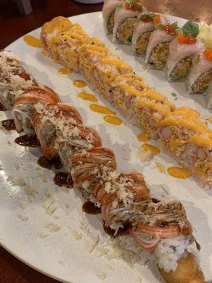 Tornado roll, spicy crab roll, king salmon roll.