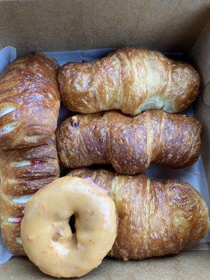 Orange glazed, 3 ham and cheese croissants, and 2 strawberry cream cheese croissants