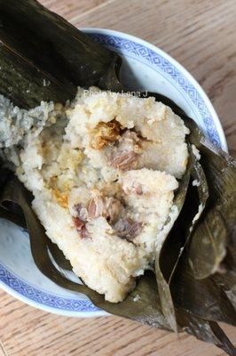 Sticky rice w/ green bean, yolk, and meat & Chinese sausage 绿豆咸肉蛋黄白油肠粽子 ($3.75) - zongzi is good!