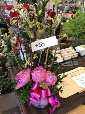 Beautiful cherry blossom and peonies floral arrangement!!! Love it!!