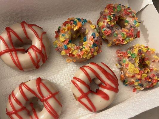 Fruity pebble donuts, raspberry citron donuts