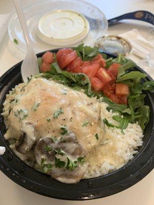 Spinach and ricotta cheese stuffed chicken breast with mushrooms sauce, white rice and house salad!! Chiken soup on the side.