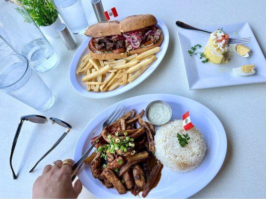 PAN CON CHICHARRON , LOMO SALTADO ( chicken ) , CAUSA RELLENA