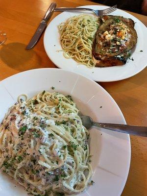 Spaghetti Carbonara and stacked eggplant