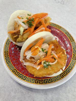 Sweet chili hash bao in the front and fried shrimp bao in the back.