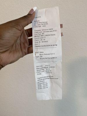 Receipt with gel polish charge despite my receiving regular polish