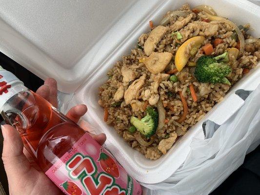 Chicken fried rice and ramune, a strawberry Japanese soda