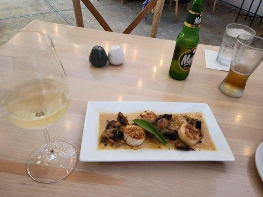 The scallop starter ($20), wine($9) ,beer