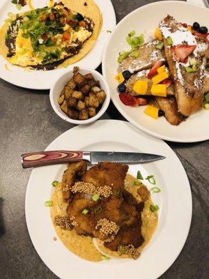 Huevos Rancheros, French Toast, and Chicken with Mustard Seed Sauce and Biscuits.