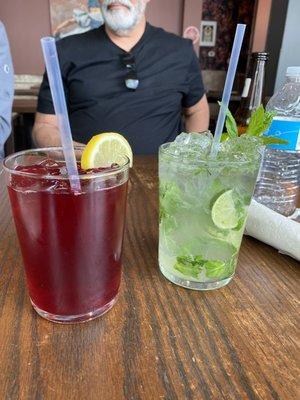 Mojito and hibiscus tea.