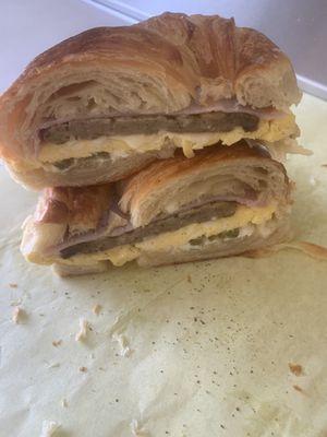 egg,ham,sausage, and cheese on a croissant is very delicious and delightful. Add jalapeño and a side of ranch, OMG!!!