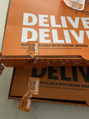 Peace of mind... I think NOT!! Both pizzas were tampered with upon arrival at delivery.