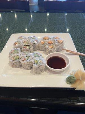 Sushi lunch- Philadelphia roll, California roll and spicy crab roll. Not pictured- salad with delicious ginger dressing and miso soup.