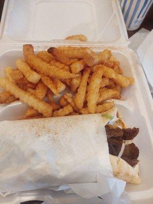 Gyro in a blanket and Crinkle cut fries