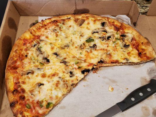 Veggie pizza-mushroom, onion & green pepper.