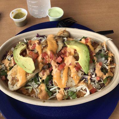 Grilled Baja Bowl with habanero and cilantro salsa on the side. Very fresh.