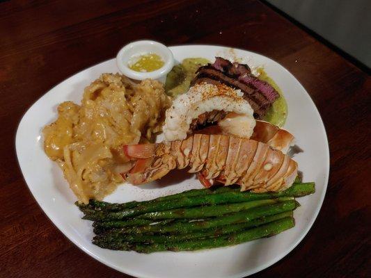 Steak and lobster, with perfect potatoes and asparagus