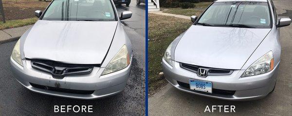 A before and after photo of my car thanks to Bob's Collision.